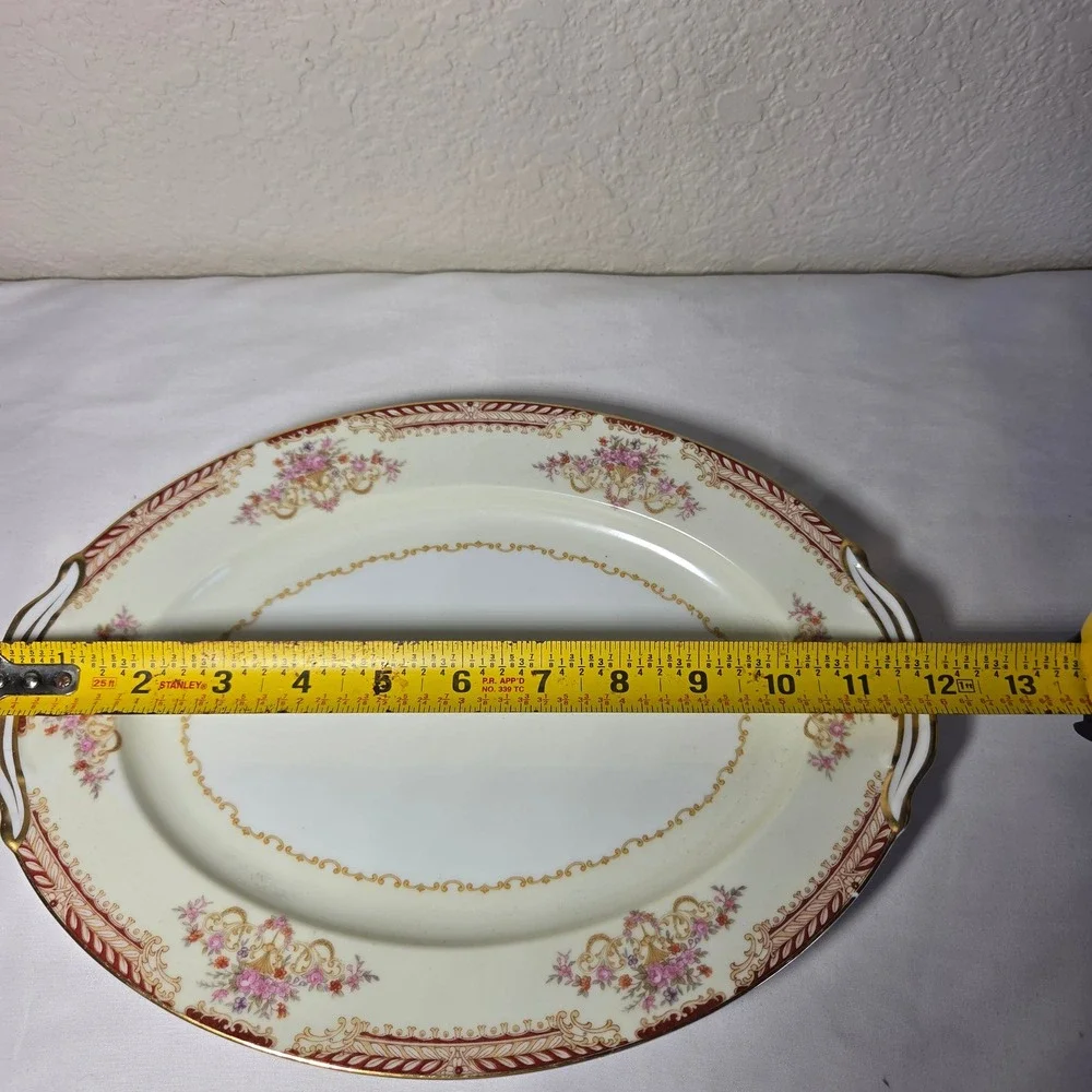 Noritake Vintage Oval Serving Platter Floral Gold Trim Burgundy Border Japan 12